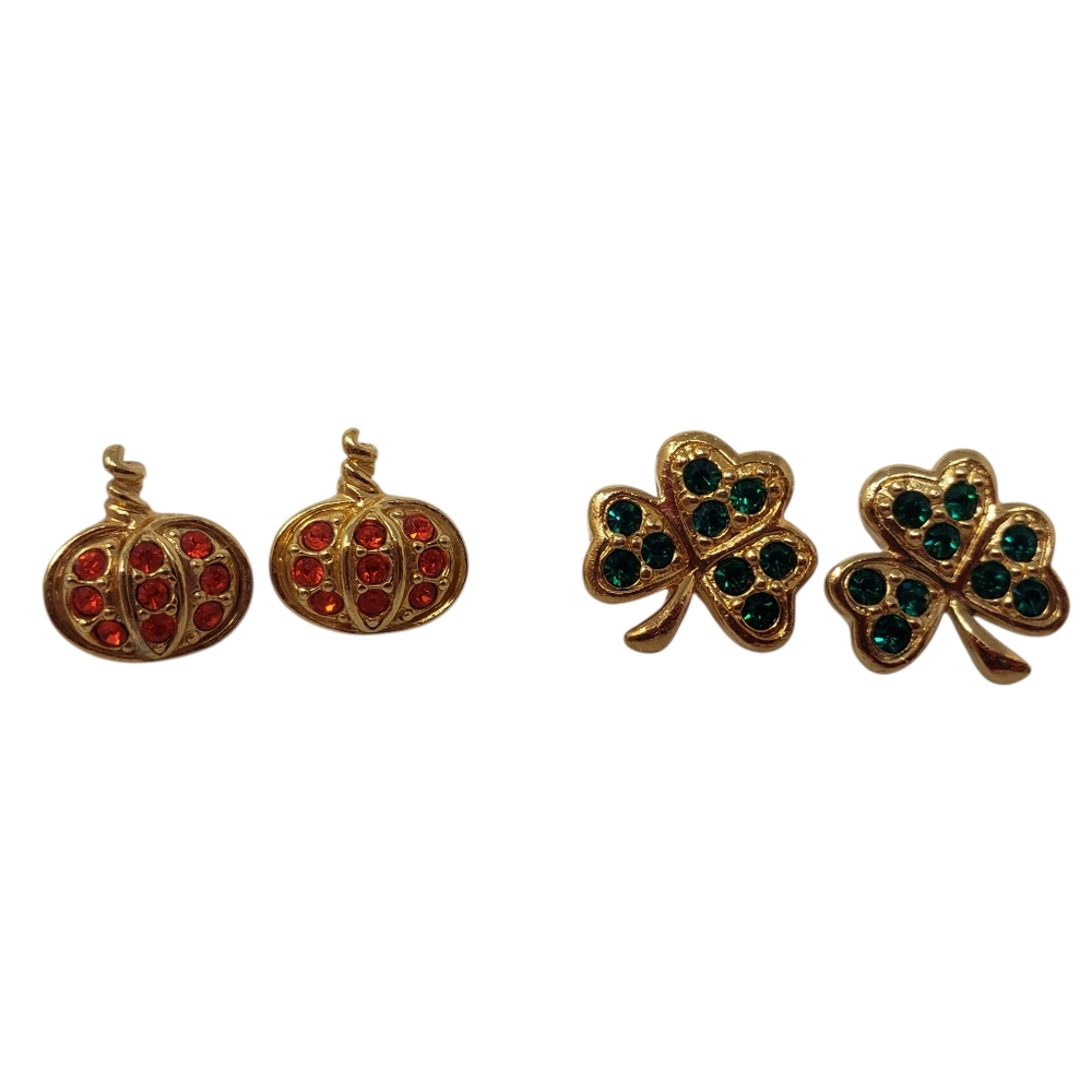 Avon Pumpkins Halloween Fall & Lucky Clover St Patrick Holiday Day Stud Earrings